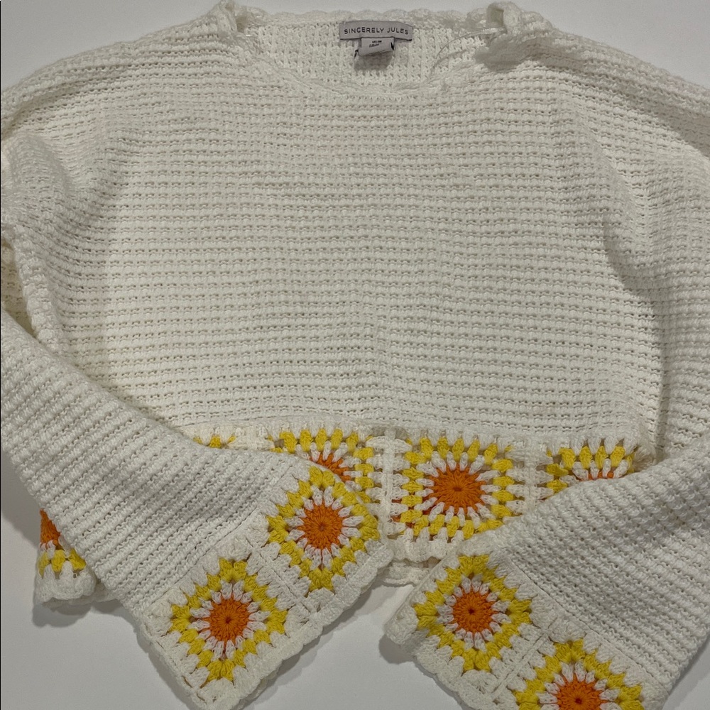 Sincerely Jules White Crochet Sweater with Granny square Yellow & Orange Accents